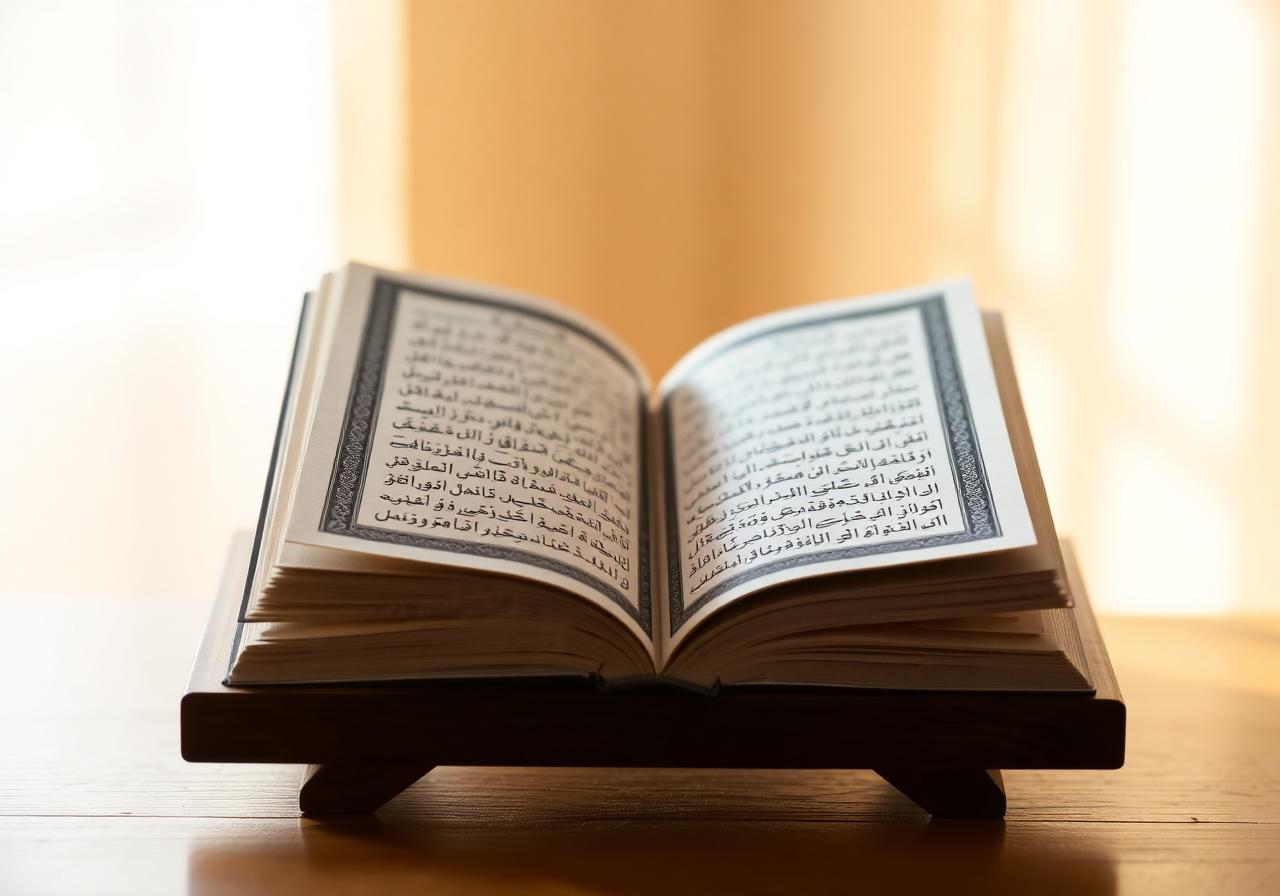 Open Quran on a wooden stand